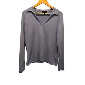 Lands’ End Steel Blue 100% Cashmere Collared V-Neck Sweater M 10-12 Old Money